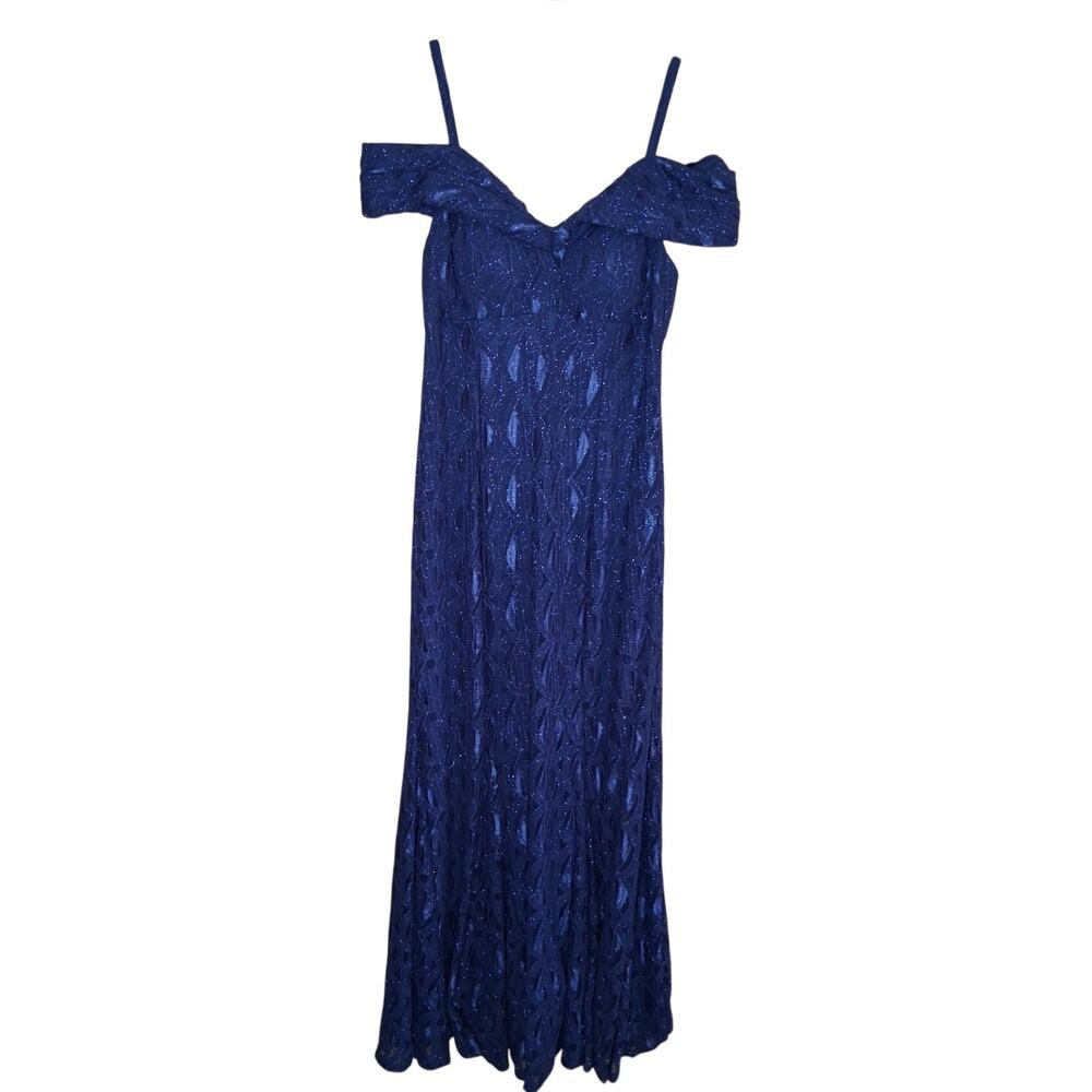 R & M Richards Navy Blue Lined Long Gown Size 12P Off the Shoulder Shimmering